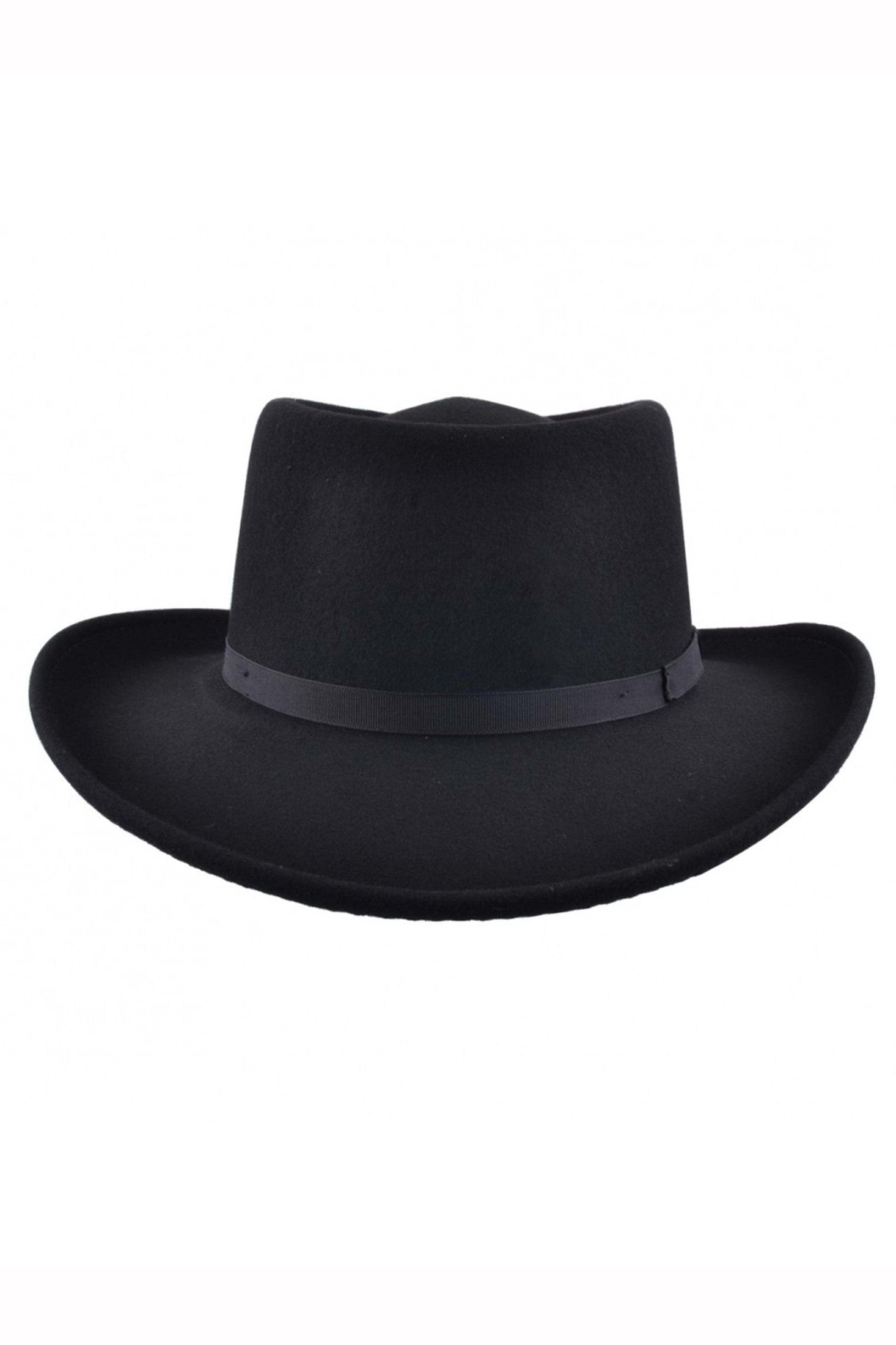 Mens Black Vintage 100% Wool Felt Crushable Gambler Cowboy Hat Curved Wide Brim