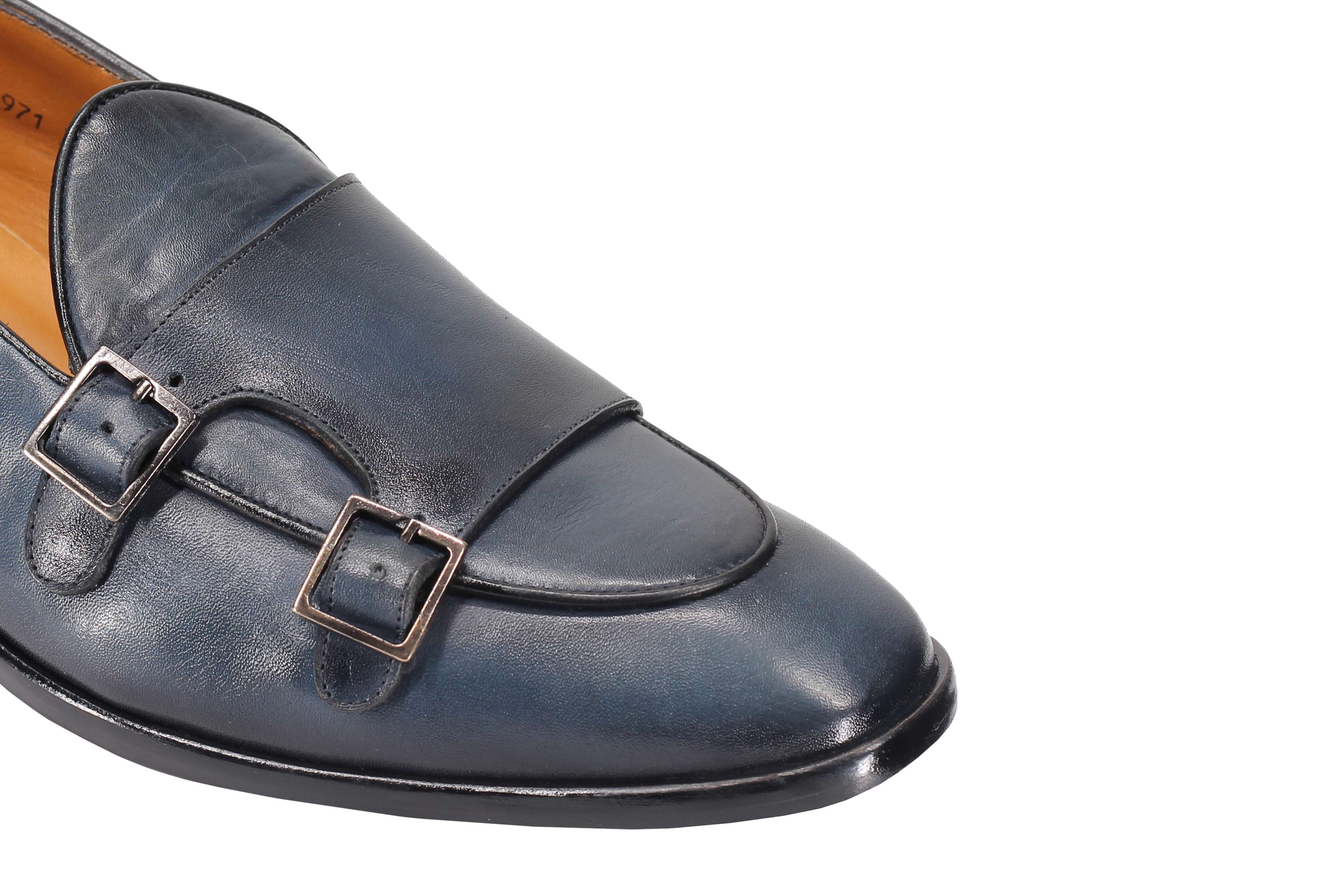 Blue Calf Leather Double Monk Loafers