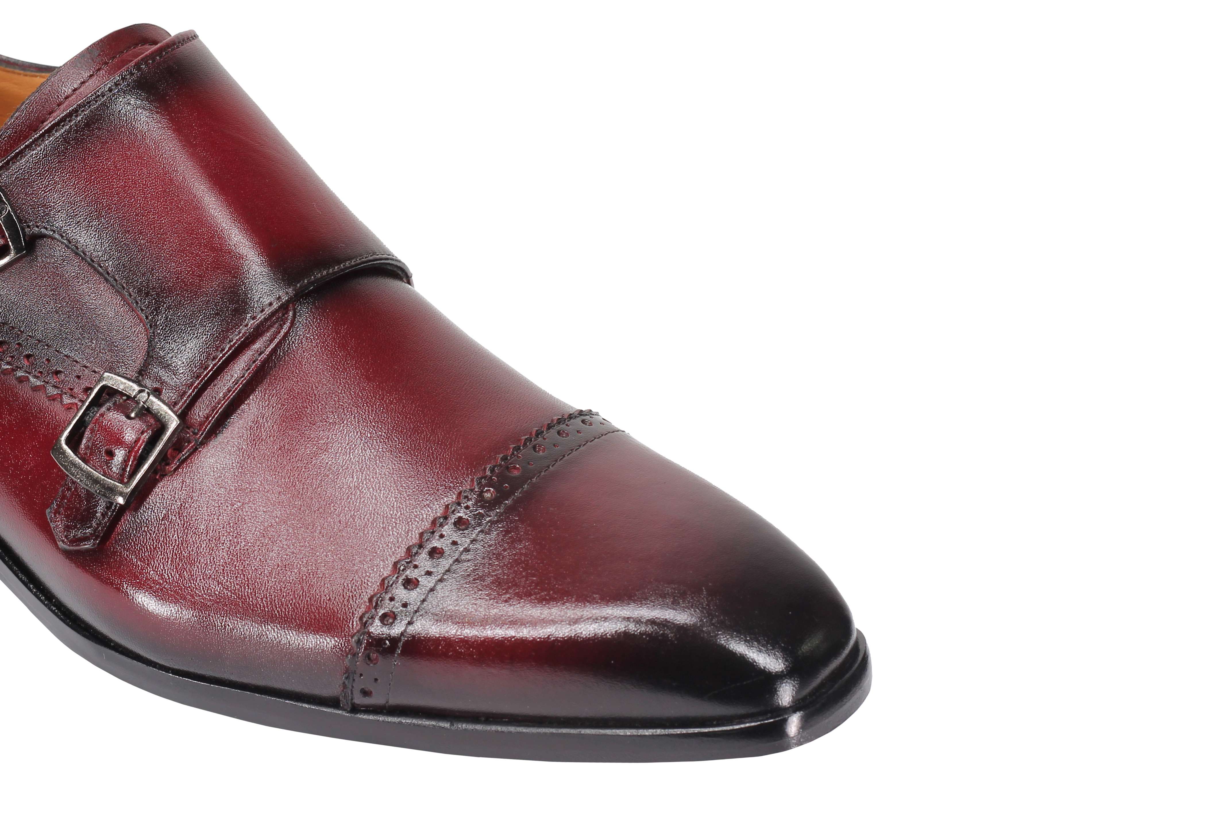 MAROON CALF LEATHER SEMI BROGUE MONK SHOES