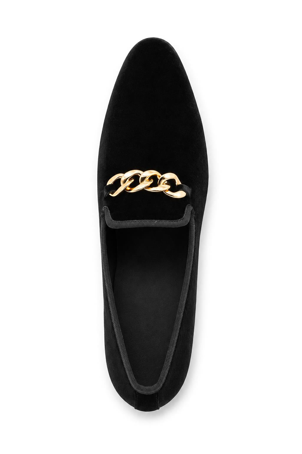 Men's Black Smooth Velvet Gold Chain Dress Loafers Sartorial Shoes