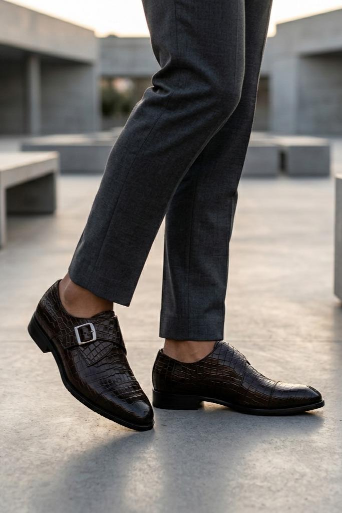 ELAN - Men's Coffee Brown Croc Embossed Leather Single Monk Strap Shoes Sartorial Shoes