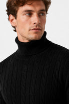 Men's Black 100% Cotton Fine Cable Knit Roll Neck Jumper CAVANI
