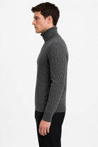 Men's Charcoal Grey 100% Cotton Fine Cable Knit Roll Neck Jumper CAVANI