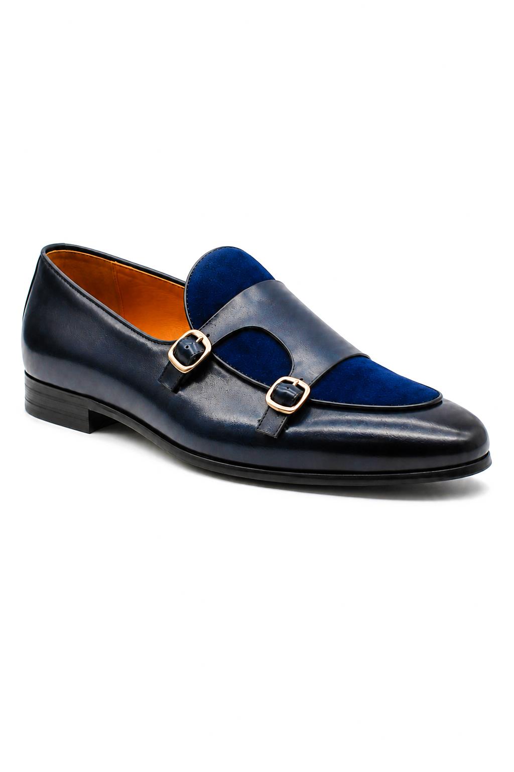 SOREN Men’s Navy Blue Leather & Suede Double Monk Shoes Sartorial Shoes