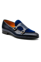 SOREN Men’s Navy Blue Leather & Suede Double Monk Shoes Sartorial Shoes