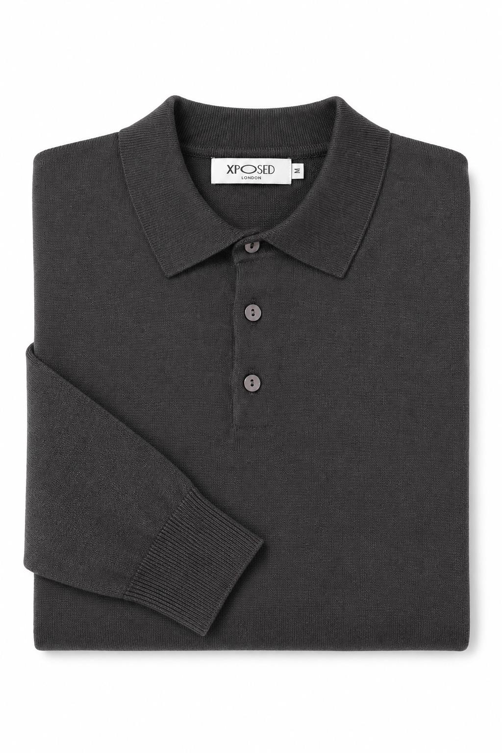 Men's Grey 100% Cotton Fine Knit Button Neck Polo Jumper CAVANI