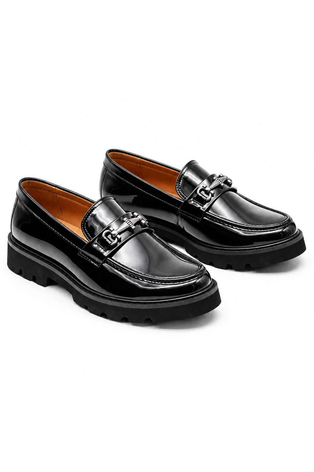 Men's Black Patent Faux Leather Snaffle Loafers Sartorial Shoes