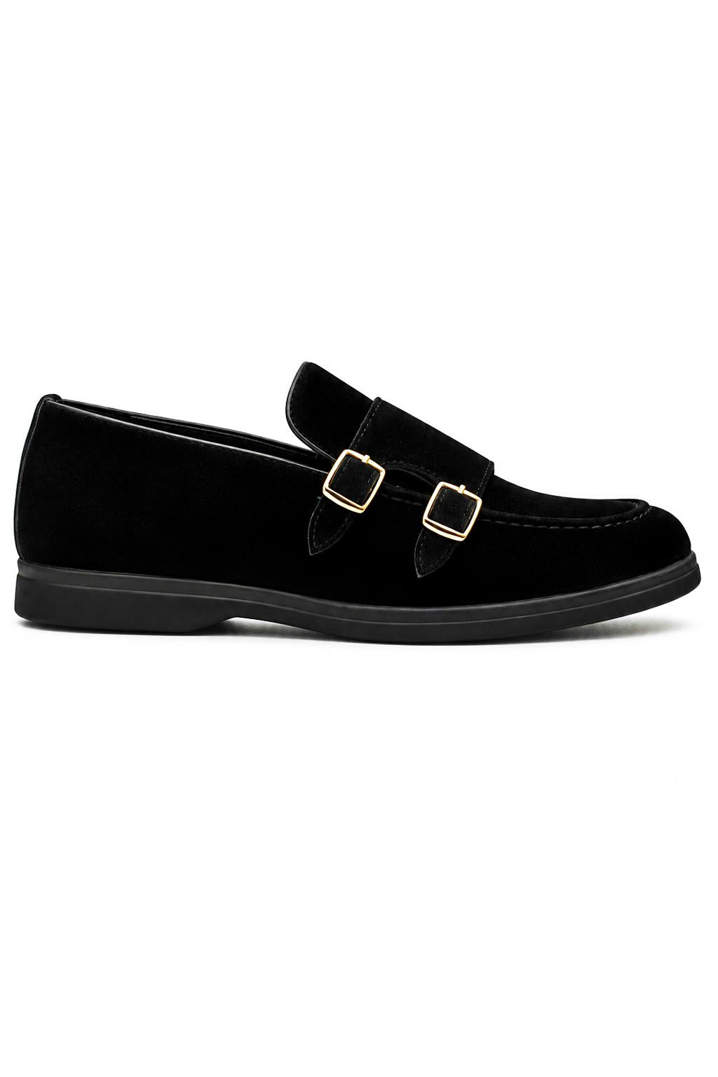 Men's Black Faux Suede Double Monk Strap Loafers Sartorial Shoes