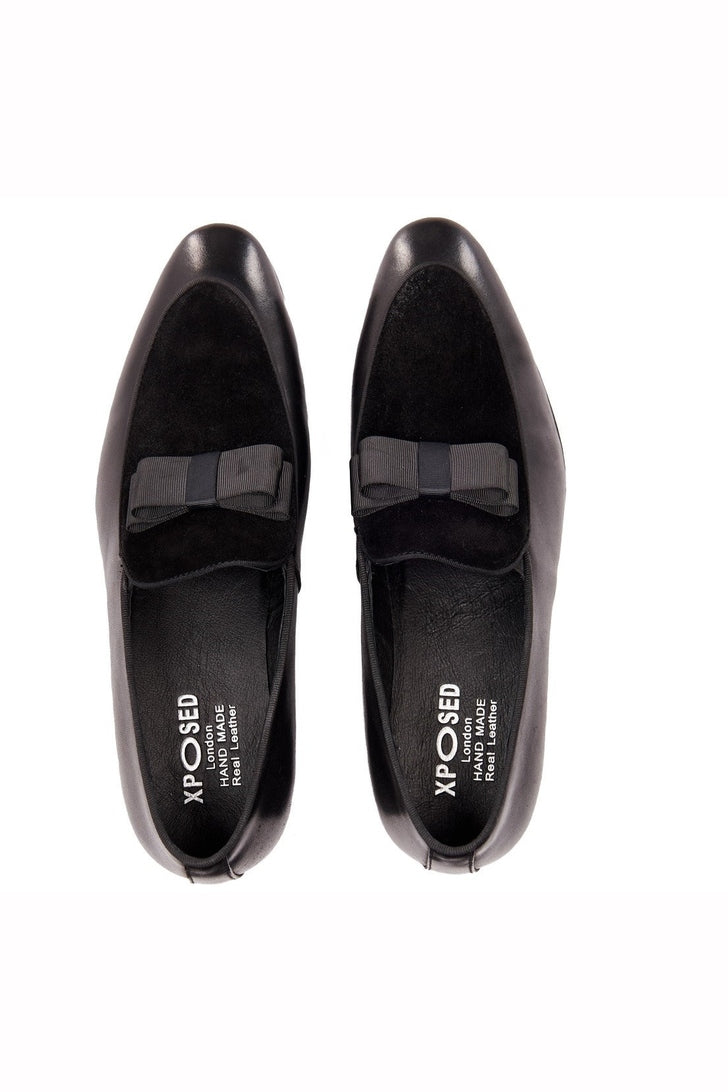 MENS BLACK SUEDE LEATHER BOW TIE LOAFER – Sartorial Shoes display picture 1