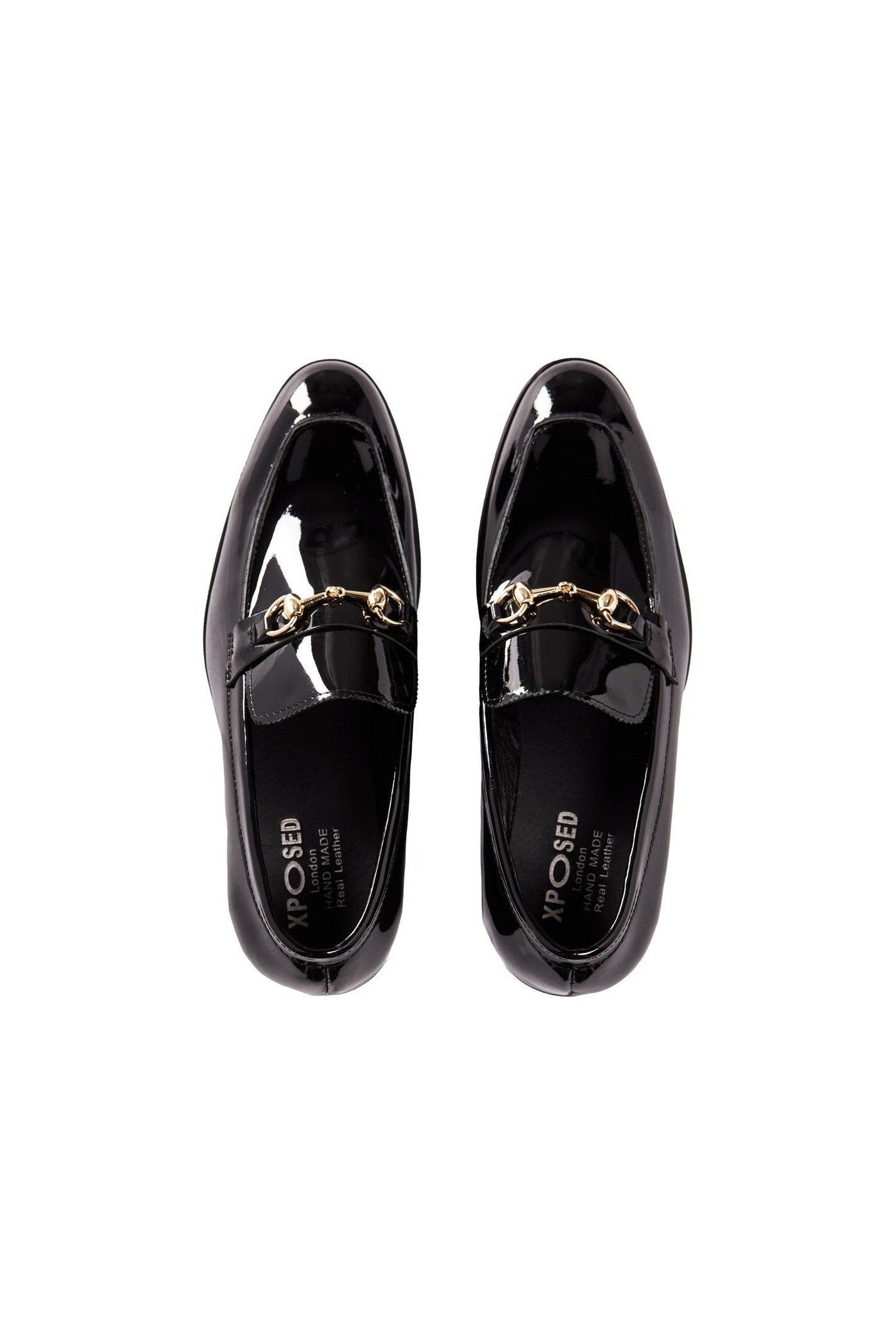BLACK PATENT LEATHER GOLD BUCKLE LOAFERS