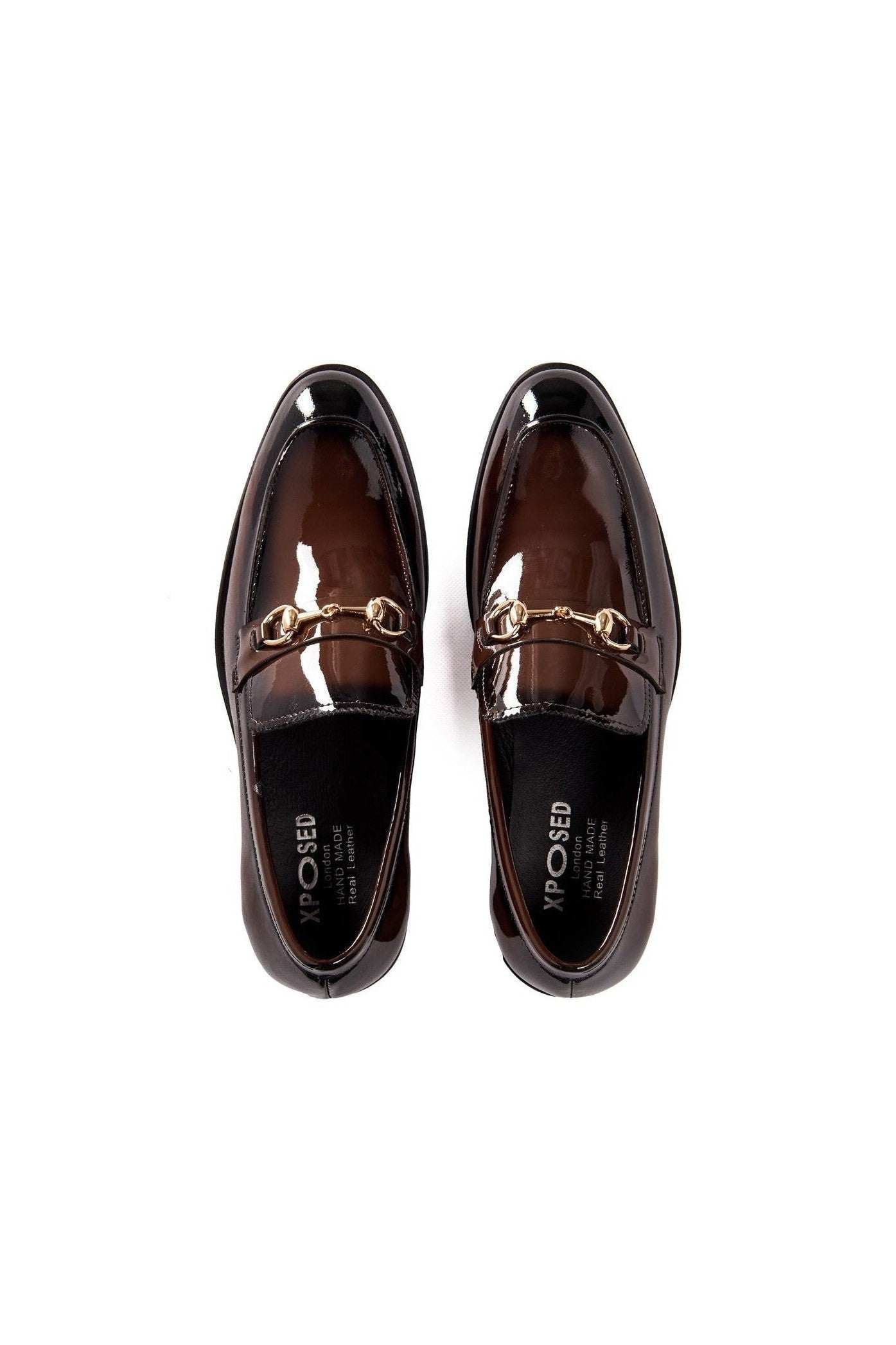 BROWN PATENT LEATHER GOLD BUCKLE LOAFERS