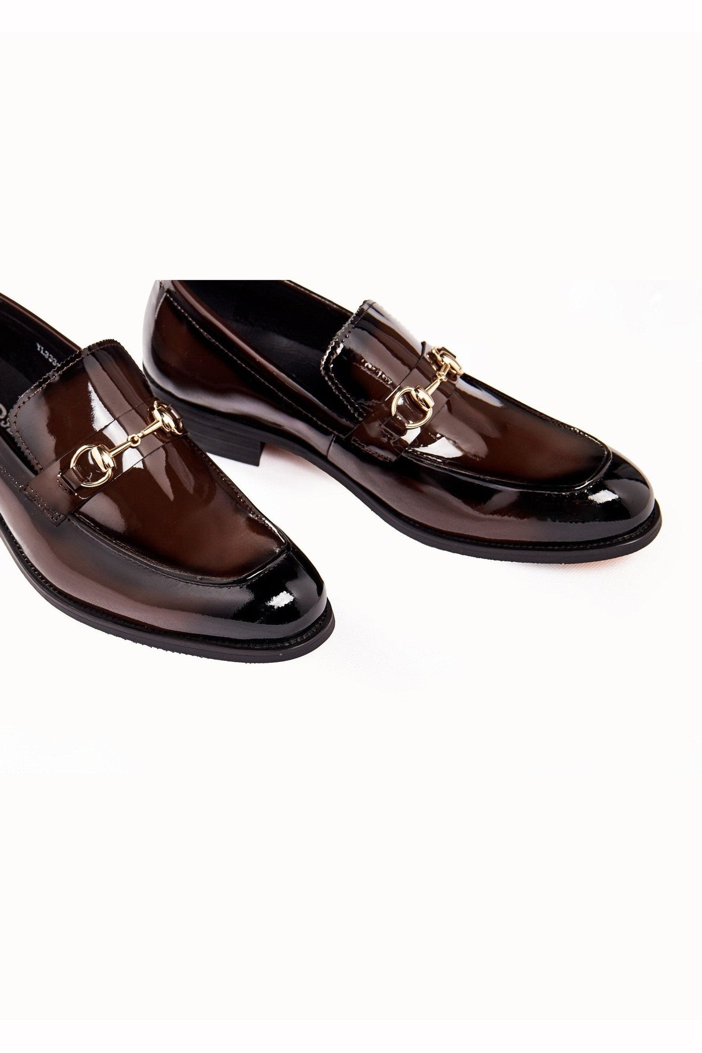 BROWN PATENT LEATHER GOLD BUCKLE LOAFERS