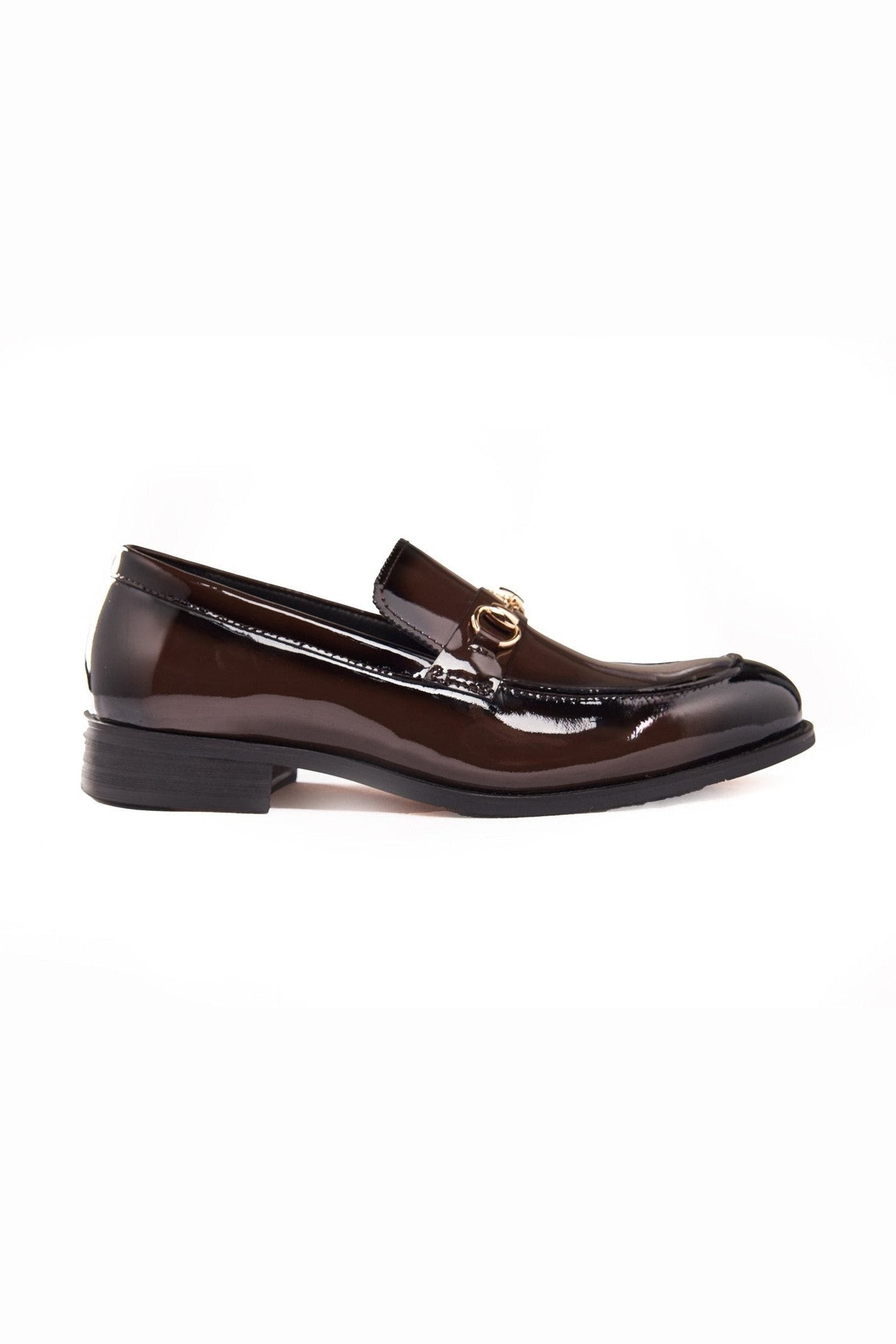 BROWN PATENT LEATHER GOLD BUCKLE LOAFERS