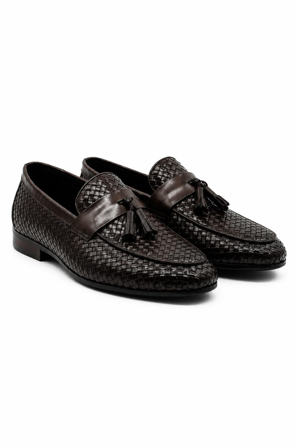 DIVO Men’s Brown Handmade Woven Leather Tassel Loafers Sartorial Shoes
