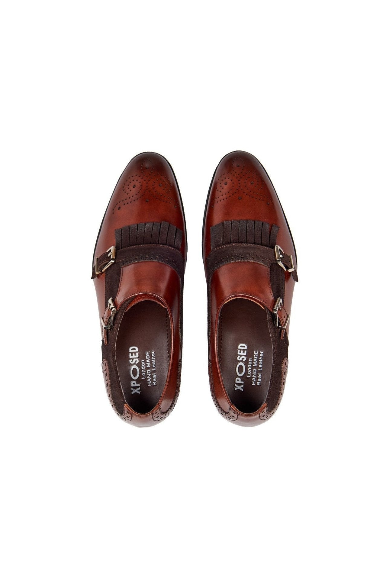 BROWN LEATHER & SUEDE DOUBLE MONK SHOES