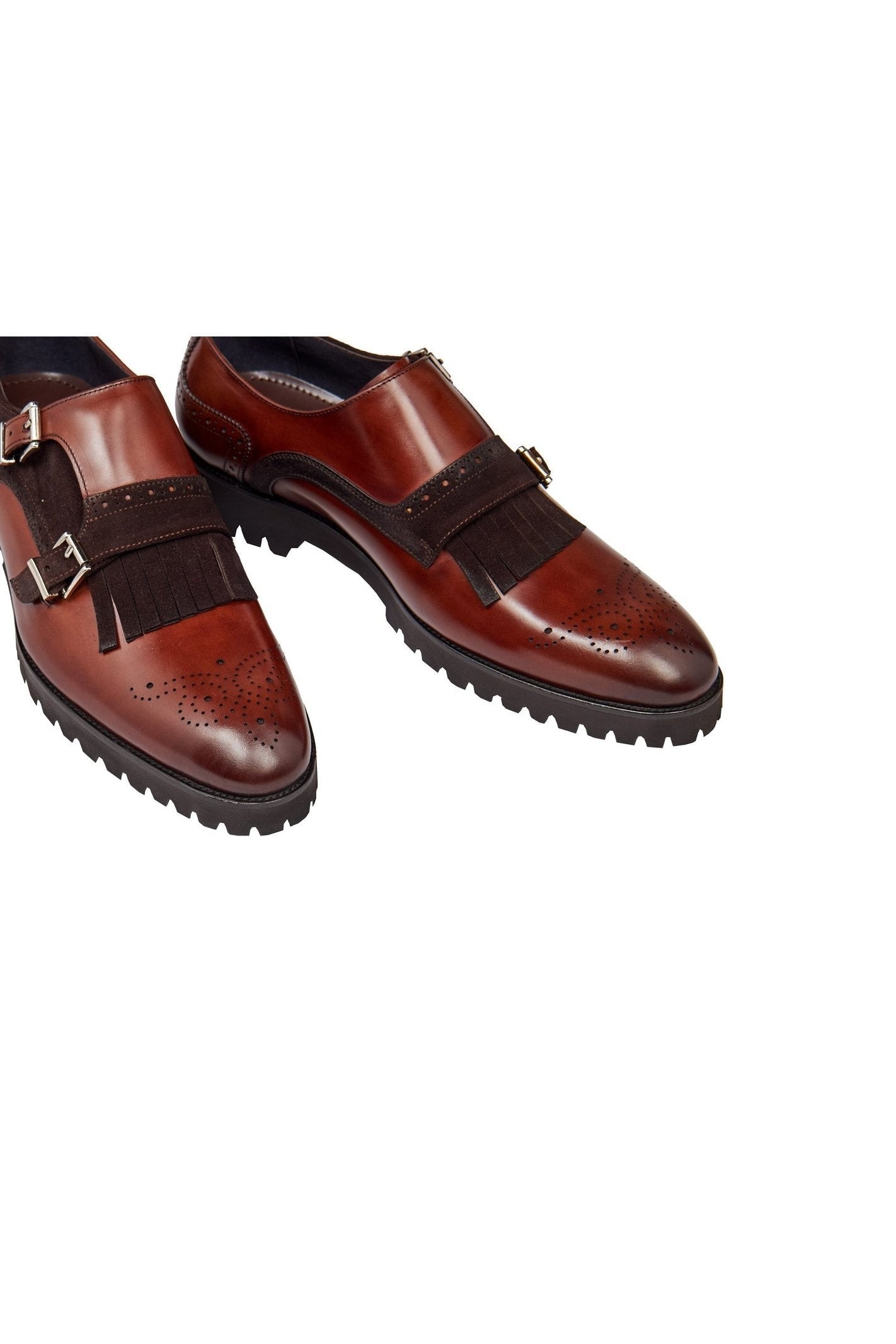 BROWN LEATHER & SUEDE DOUBLE MONK SHOES