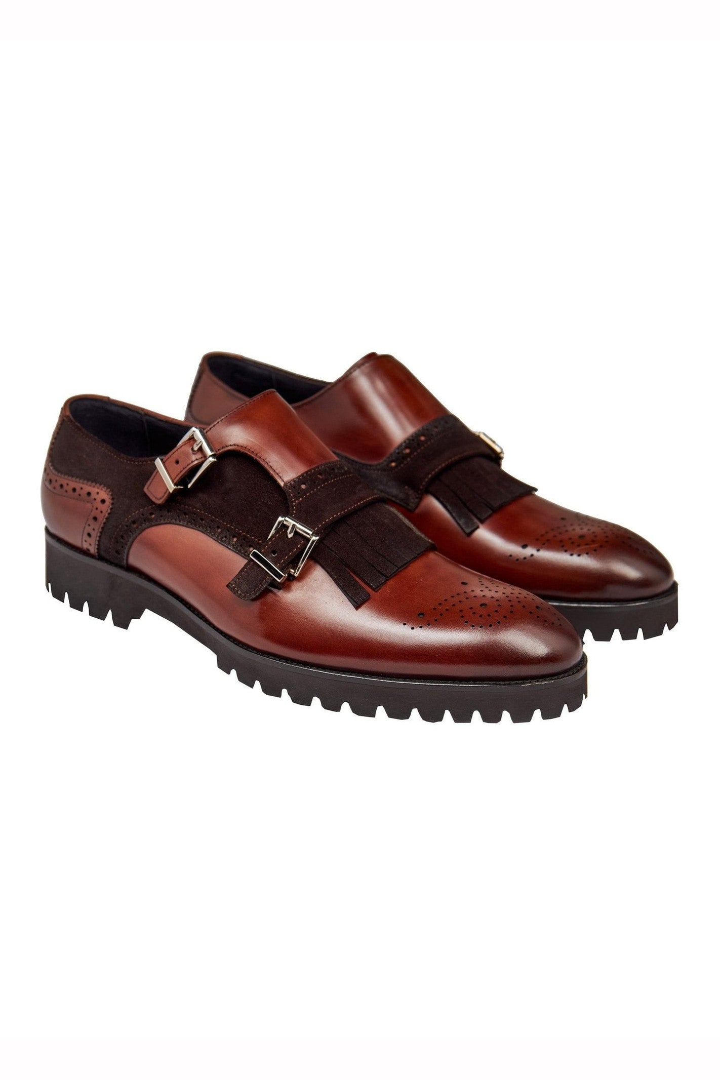 BROWN LEATHER & SUEDE DOUBLE MONK SHOES