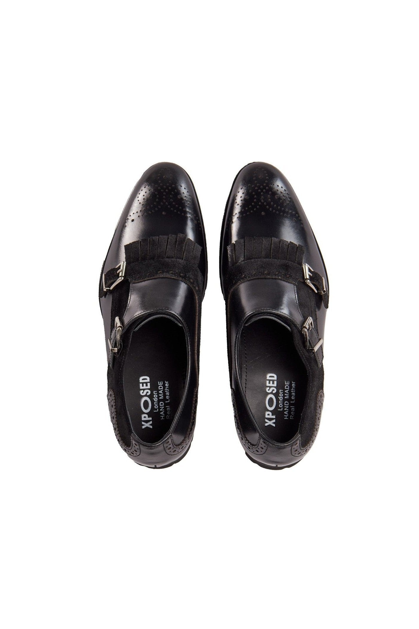 BLACK LEATHER & SUEDE DOUBLE MONK SHOES