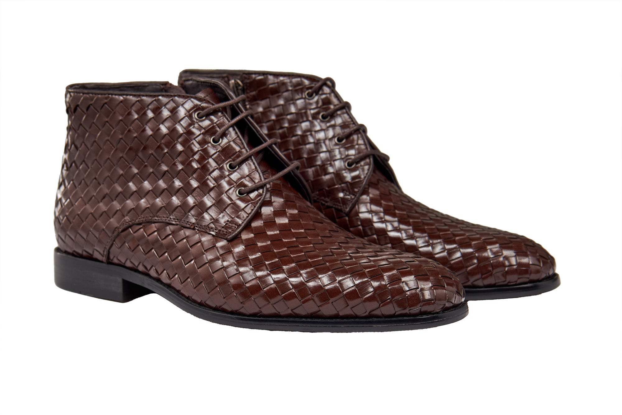 BROWN WOVEN LEATHER CHUKKA BOOTS XPOSED London