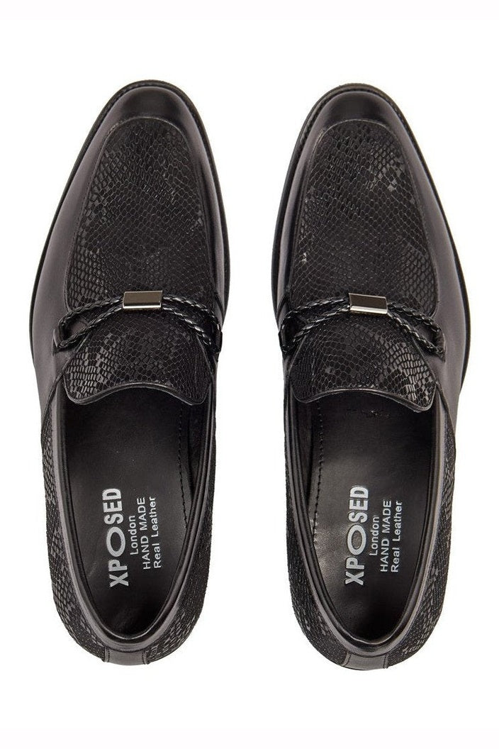 BLACK LEATHER PRINTED LOAFERS