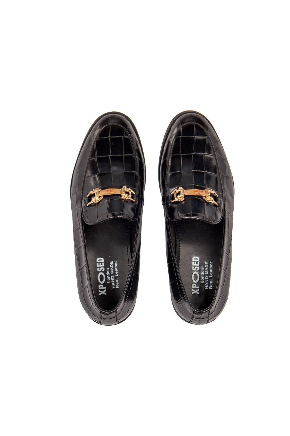 BLACK PRINTED GOLD BUCKLE LOAFERS