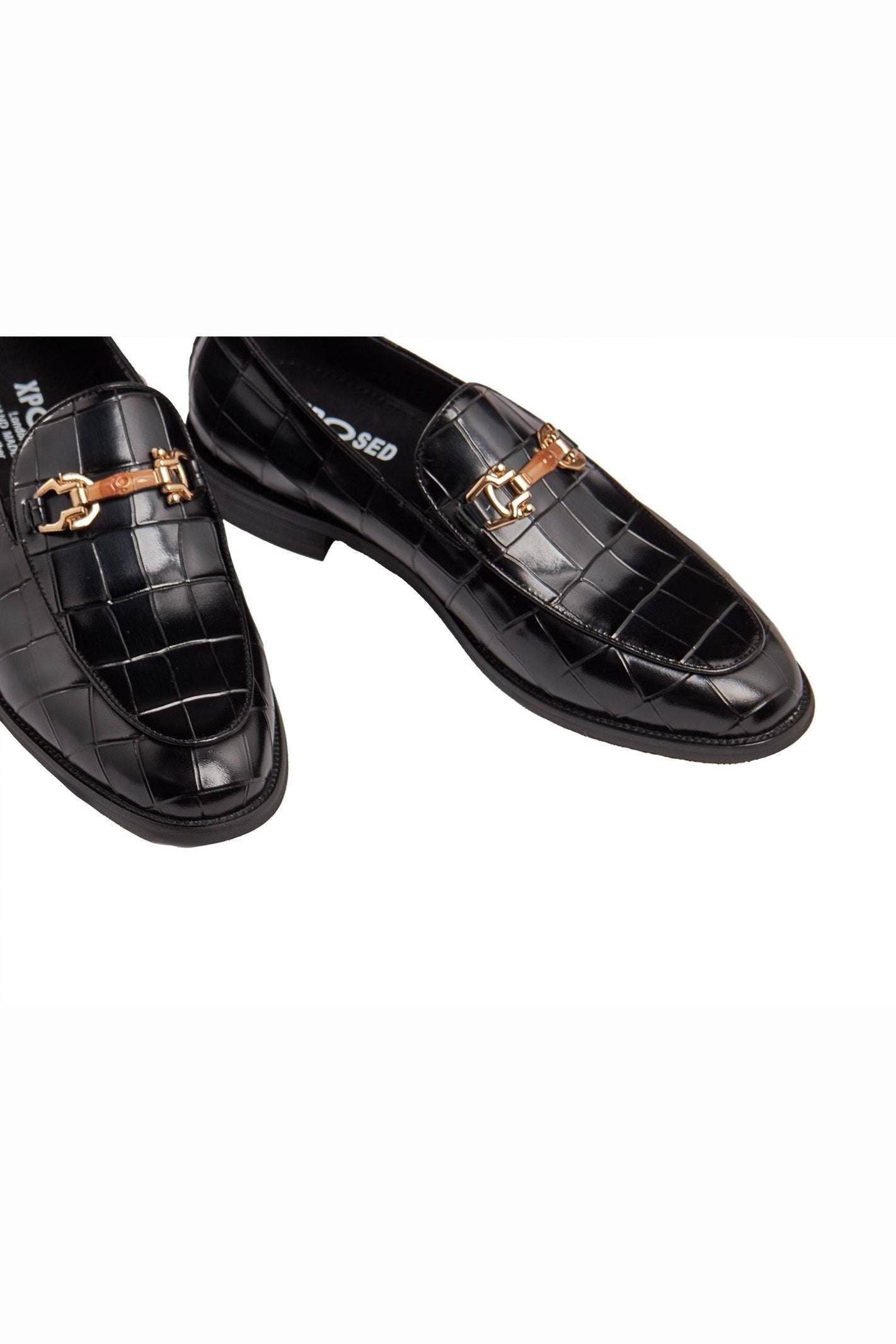 BLACK PRINTED GOLD BUCKLE LOAFERS