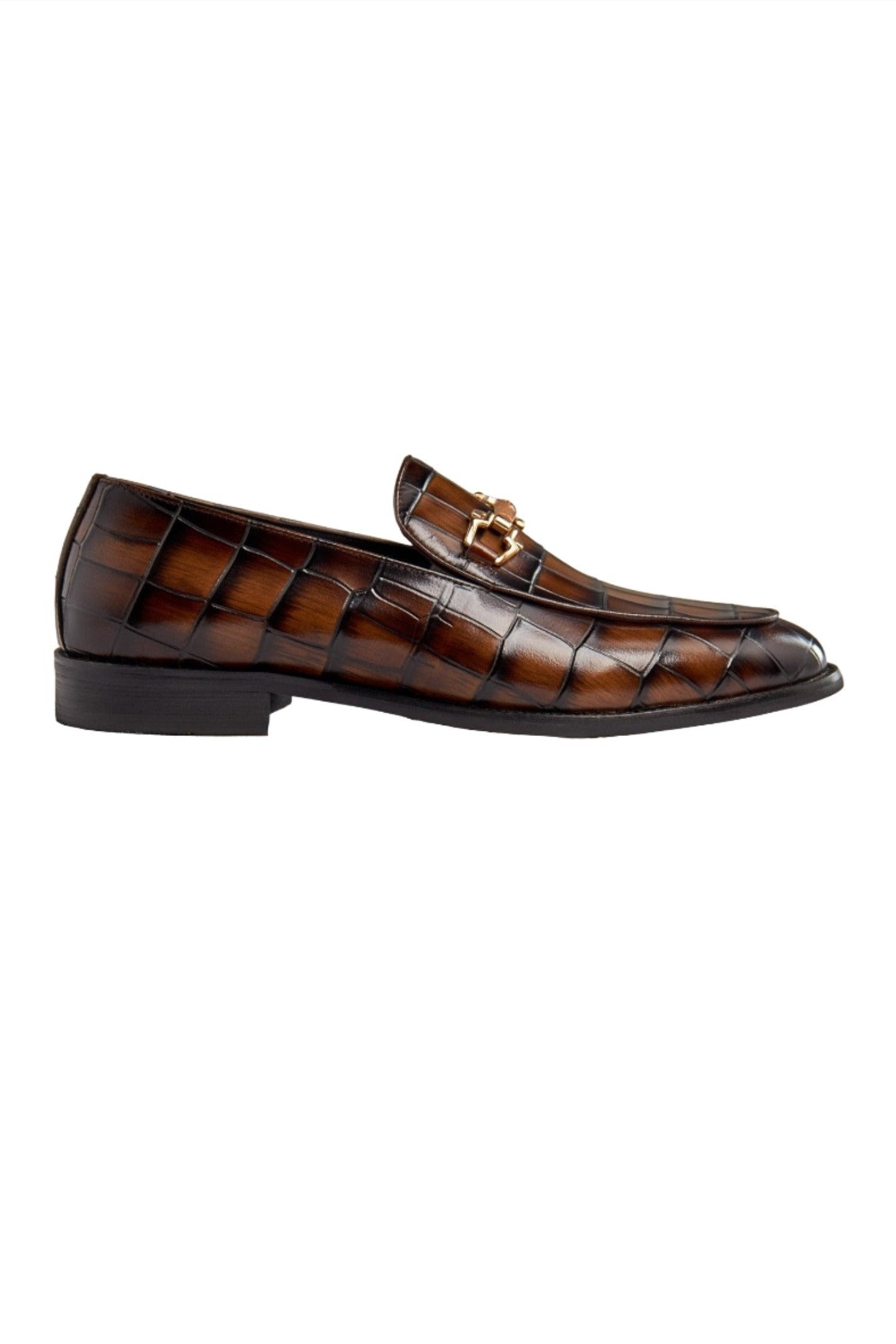 BROWN PRINTED GOLD BUCKLE LOAFERS