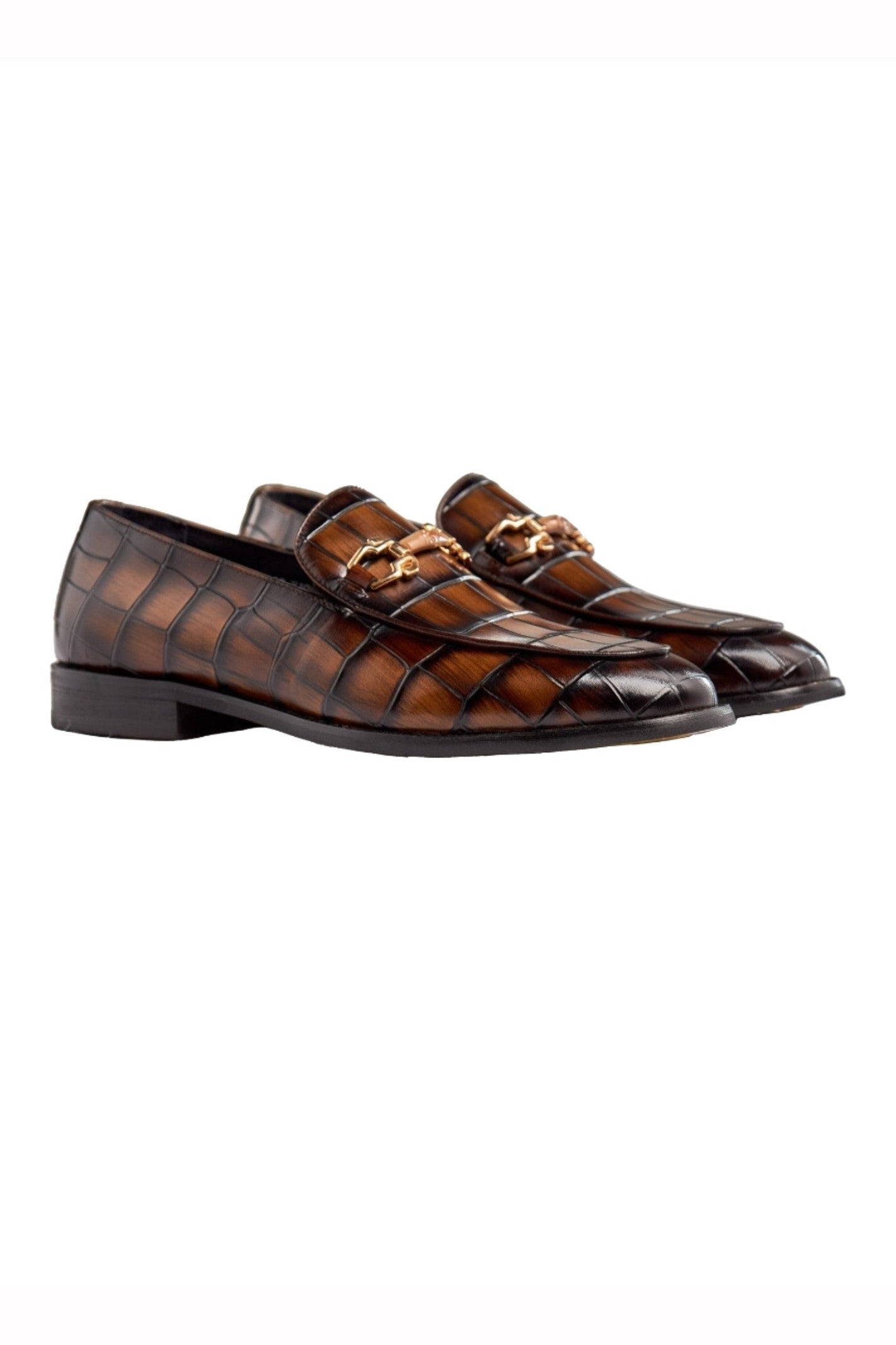 BROWN PRINTED GOLD BUCKLE LOAFERS