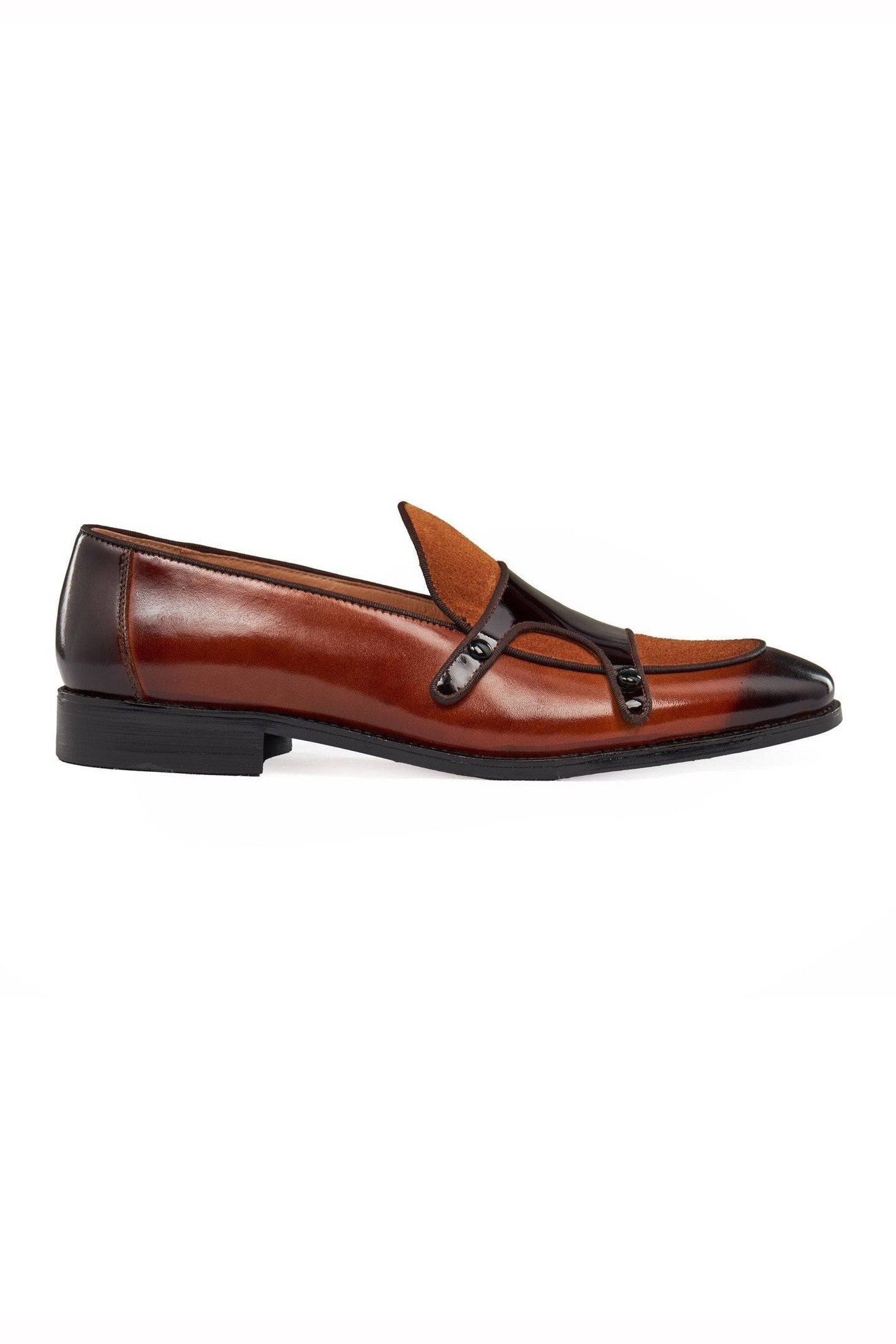 BROWN PATENT LEATHER & SUEDE MONK SHOES