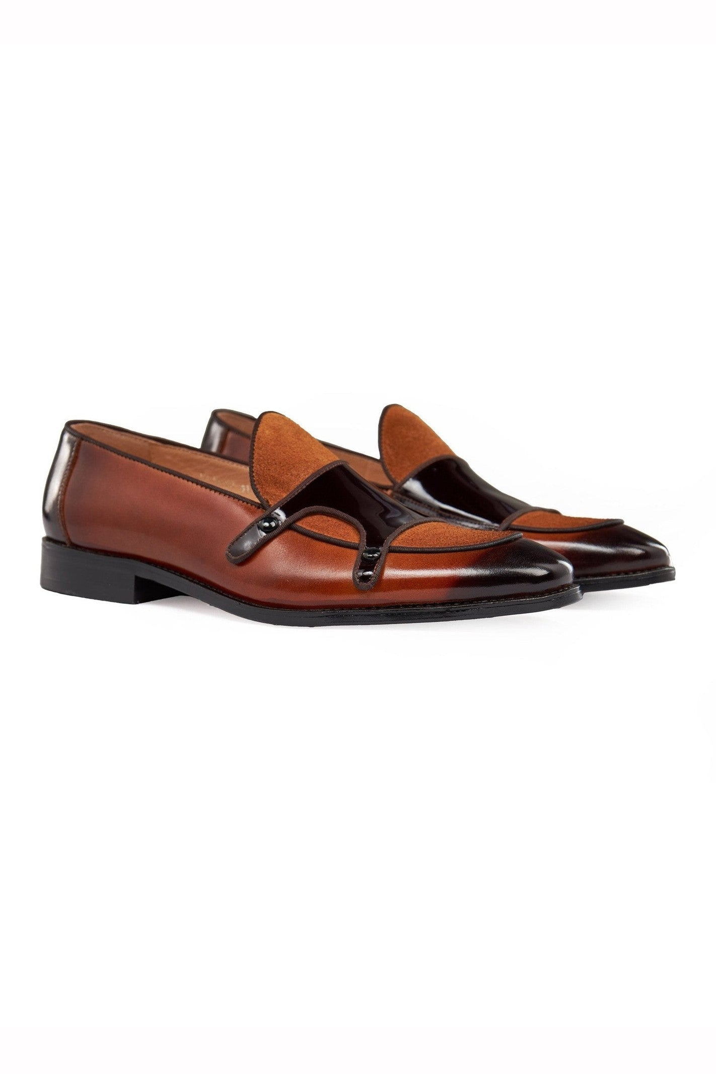 BROWN PATENT LEATHER & SUEDE MONK SHOES