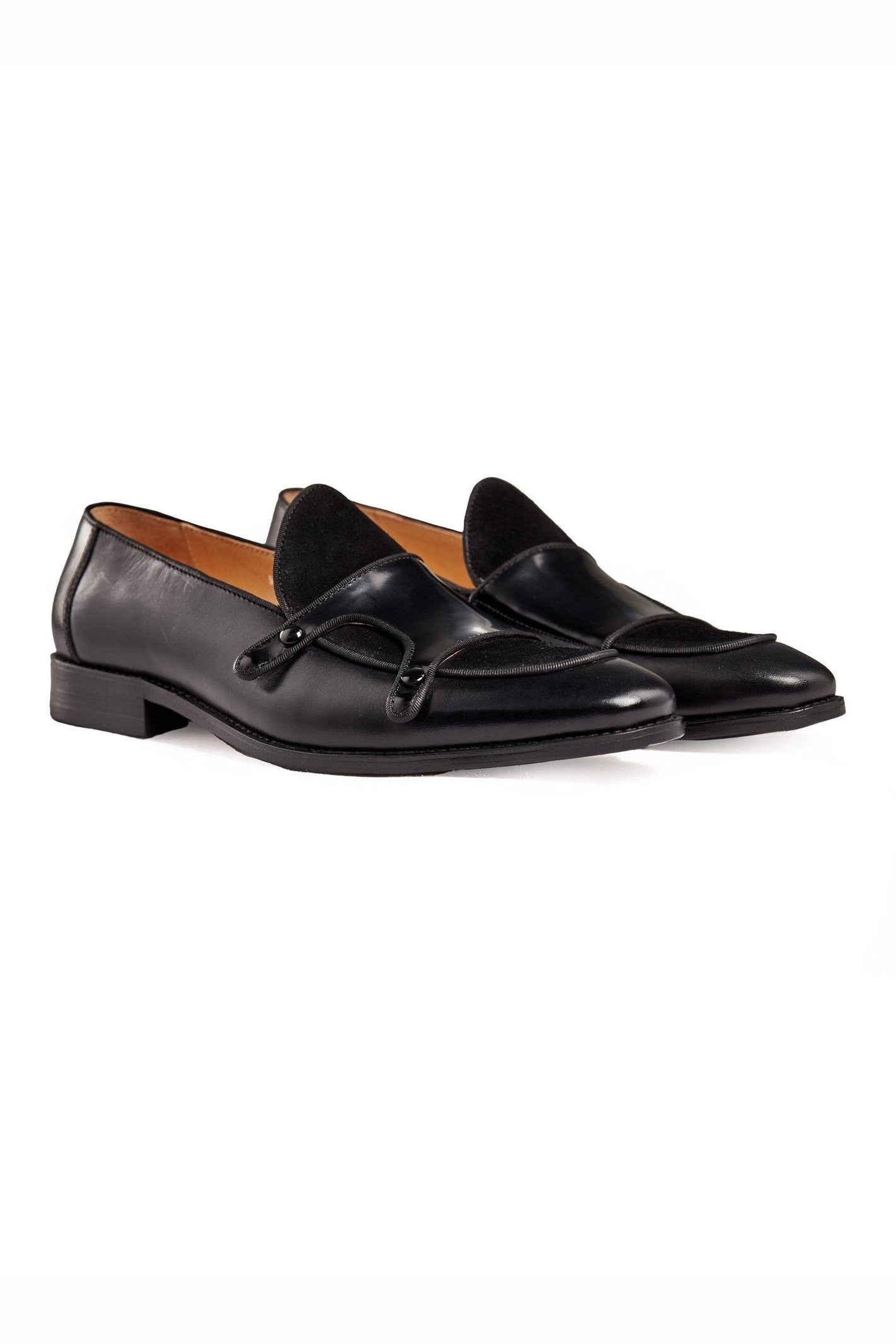 BLACK PATENT LEATHER & SUEDE MONK SHOES