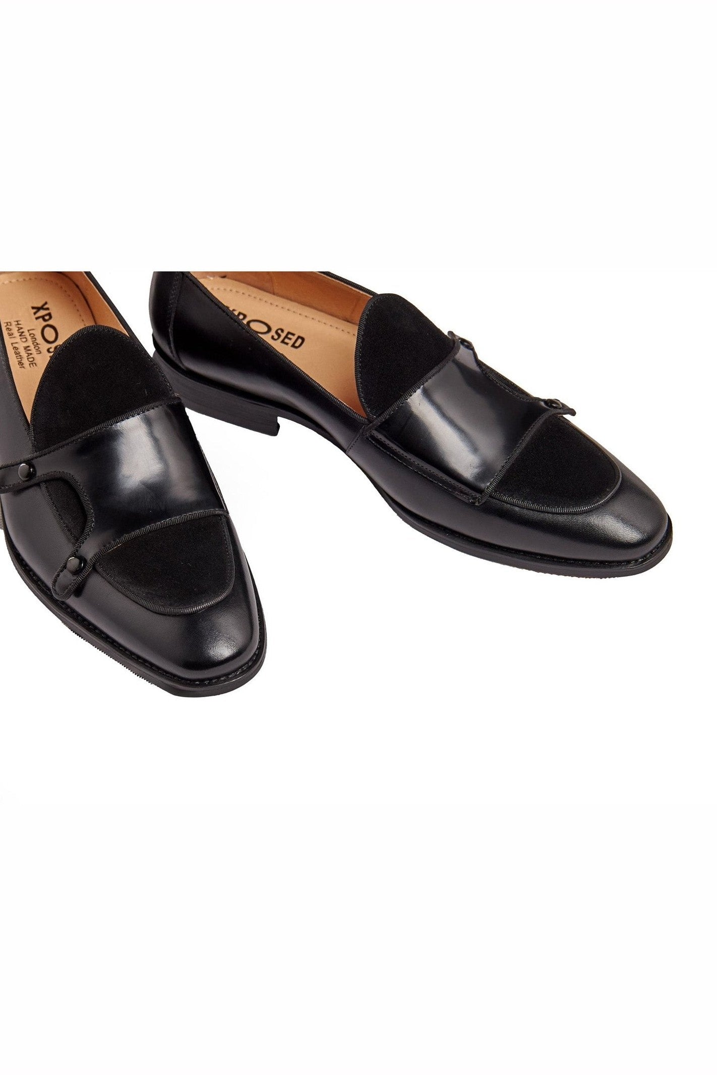 BLACK PATENT LEATHER & SUEDE MONK SHOES