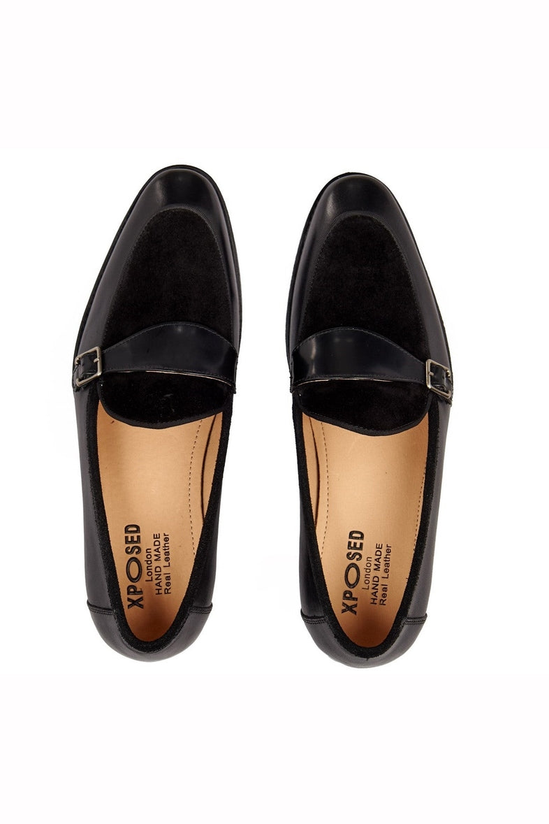 BLACK LEATHER & SUEDE MONK SHOES XPOSED London