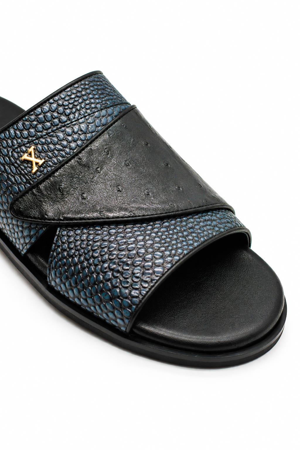 Men's Black & Grey Handmade Real Leather Open Front Slide Sandals Sartorial Shoes