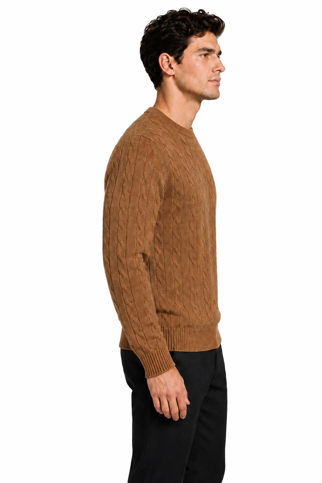 Men's Camel 100% Cotton Fine Cable Knit Crew Neck Jumper CAVANI