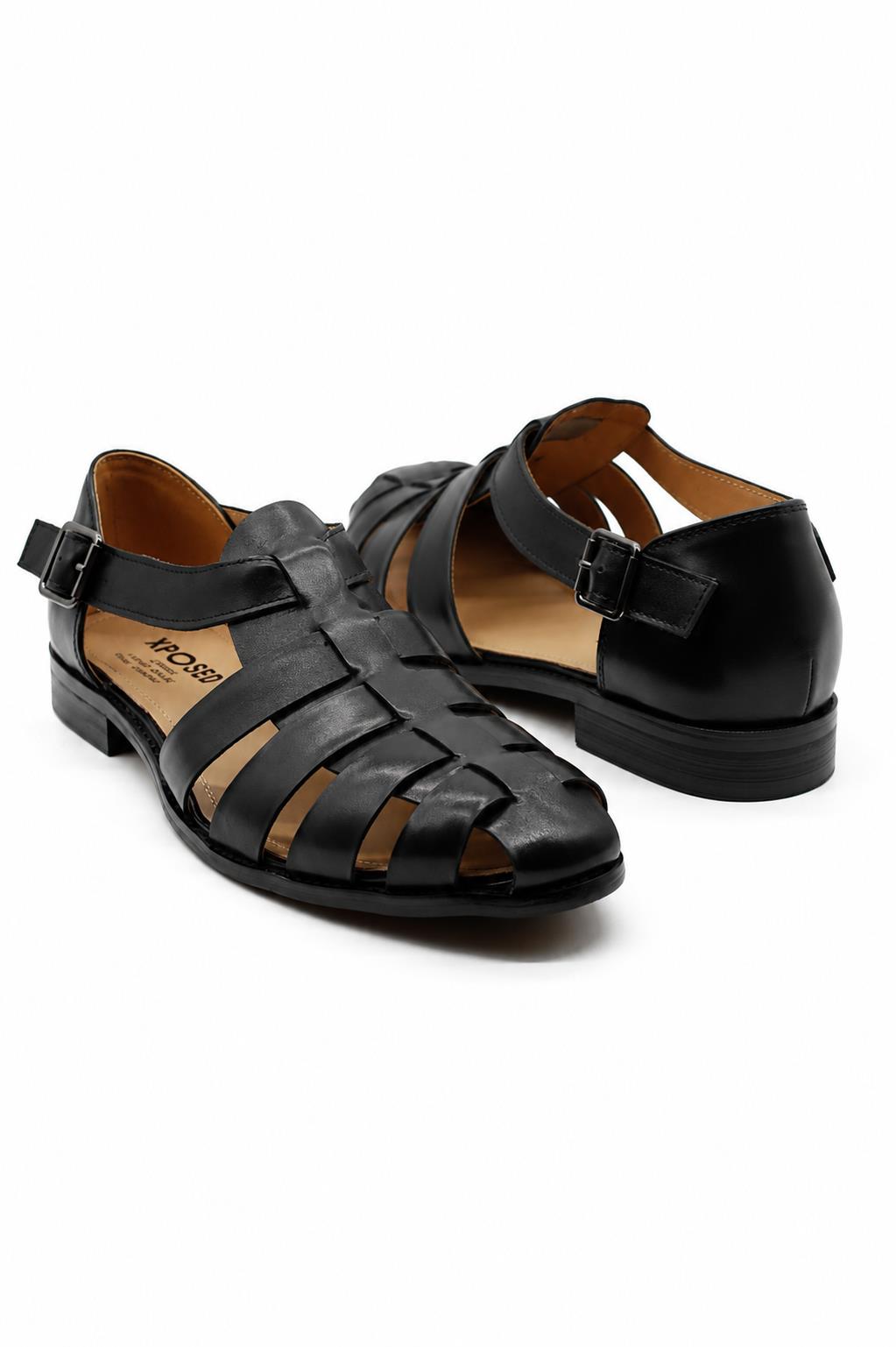 Luke -  Black Handmade Real Leather Fisherman Sandals Sartorial Shoes