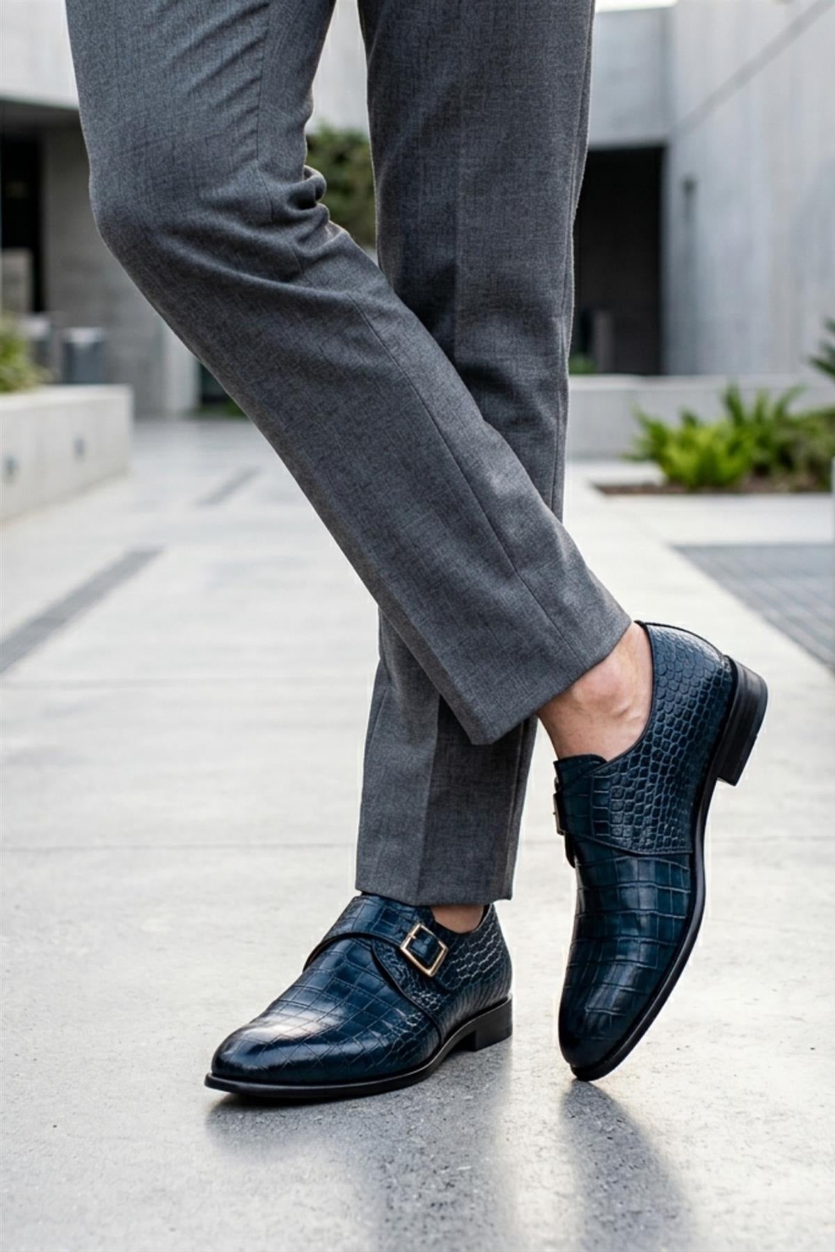 VALE Men’s Dark Blue Croc-Embossed Leather Monk Strap Shoes Sartorial Shoes