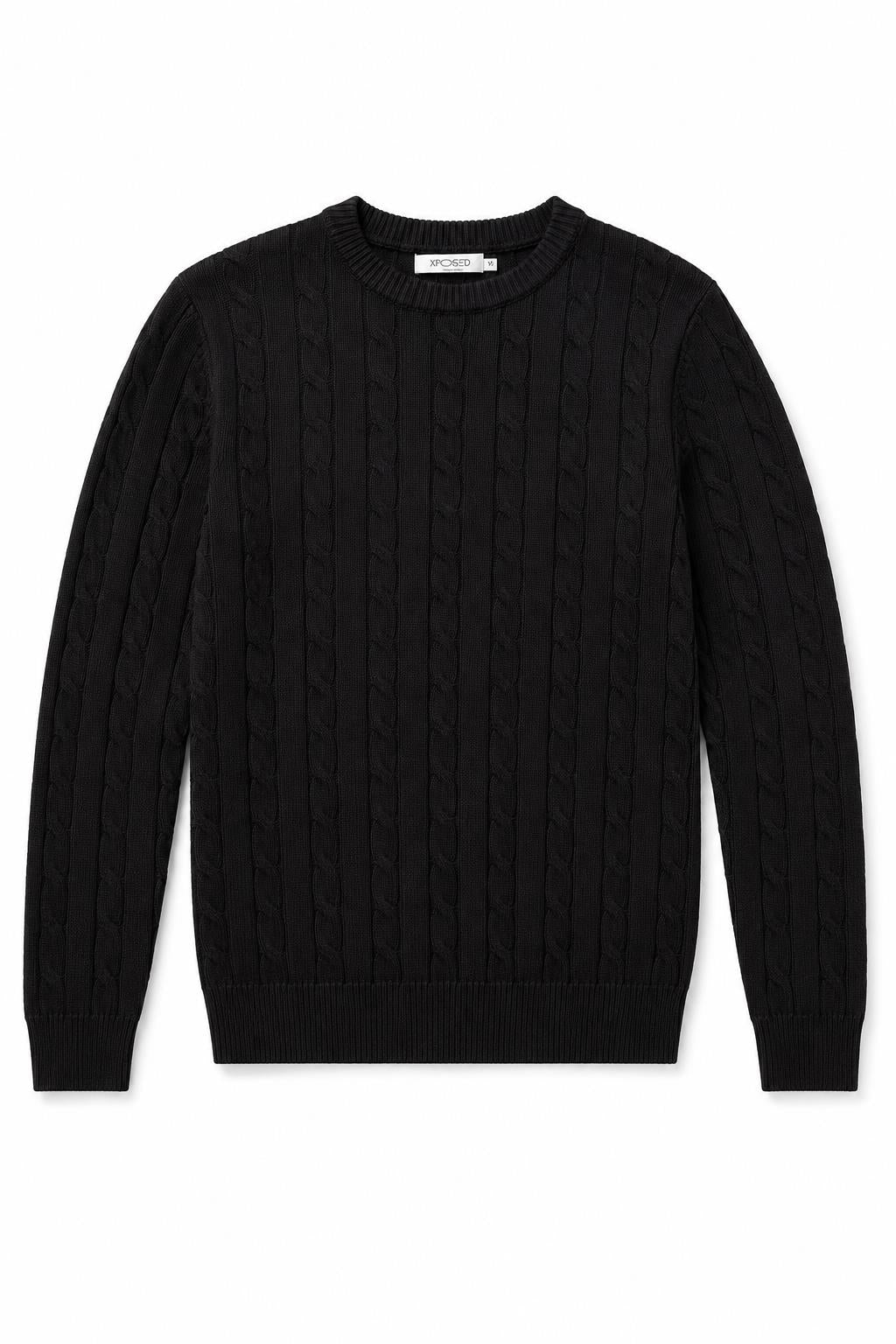 Men's Black 100% Cotton Fine Cable Knit Crew Neck Jumper CAVANI