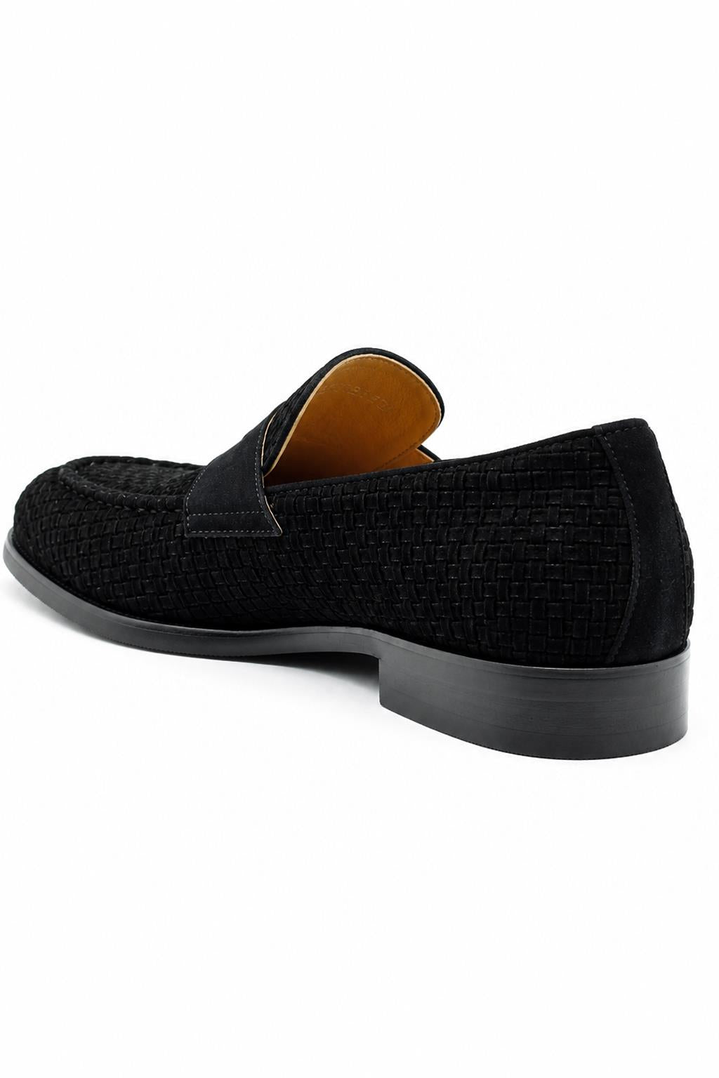 BRIO Men’s Black Woven Suede Leather Penny Loafers Sartorial Shoes