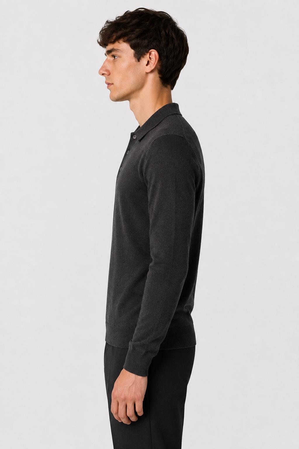 Men's Grey 100% Cotton Fine Knit Button Neck Polo Jumper CAVANI