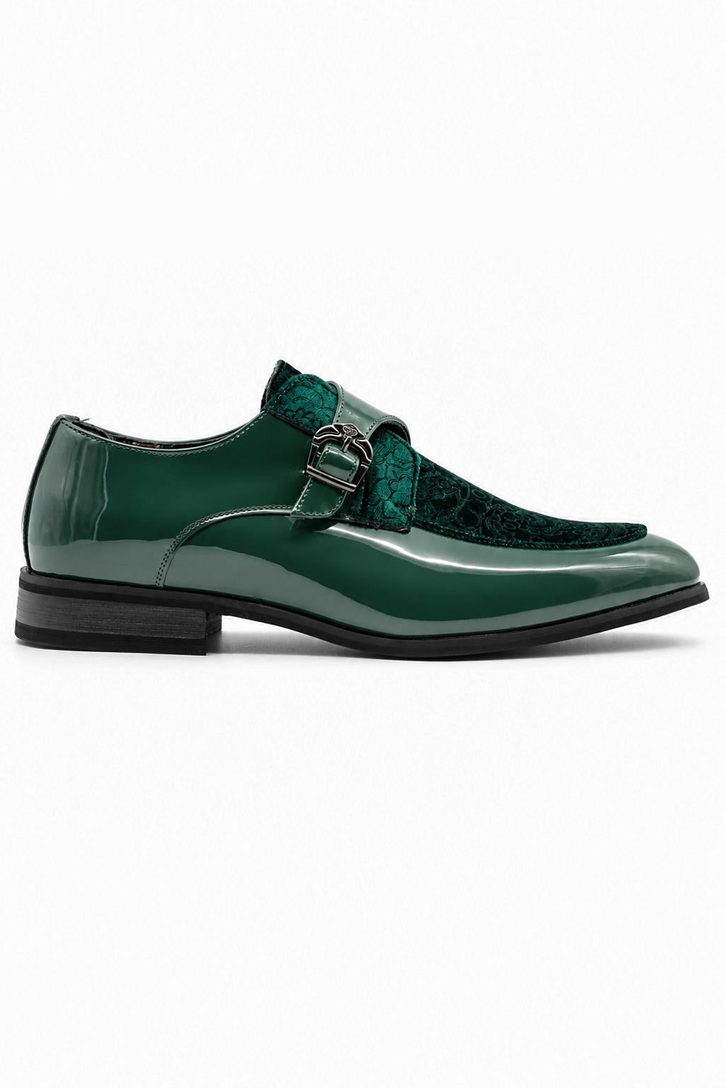 Men's Green Floral Velvet Monk Strap Dress Shoes
