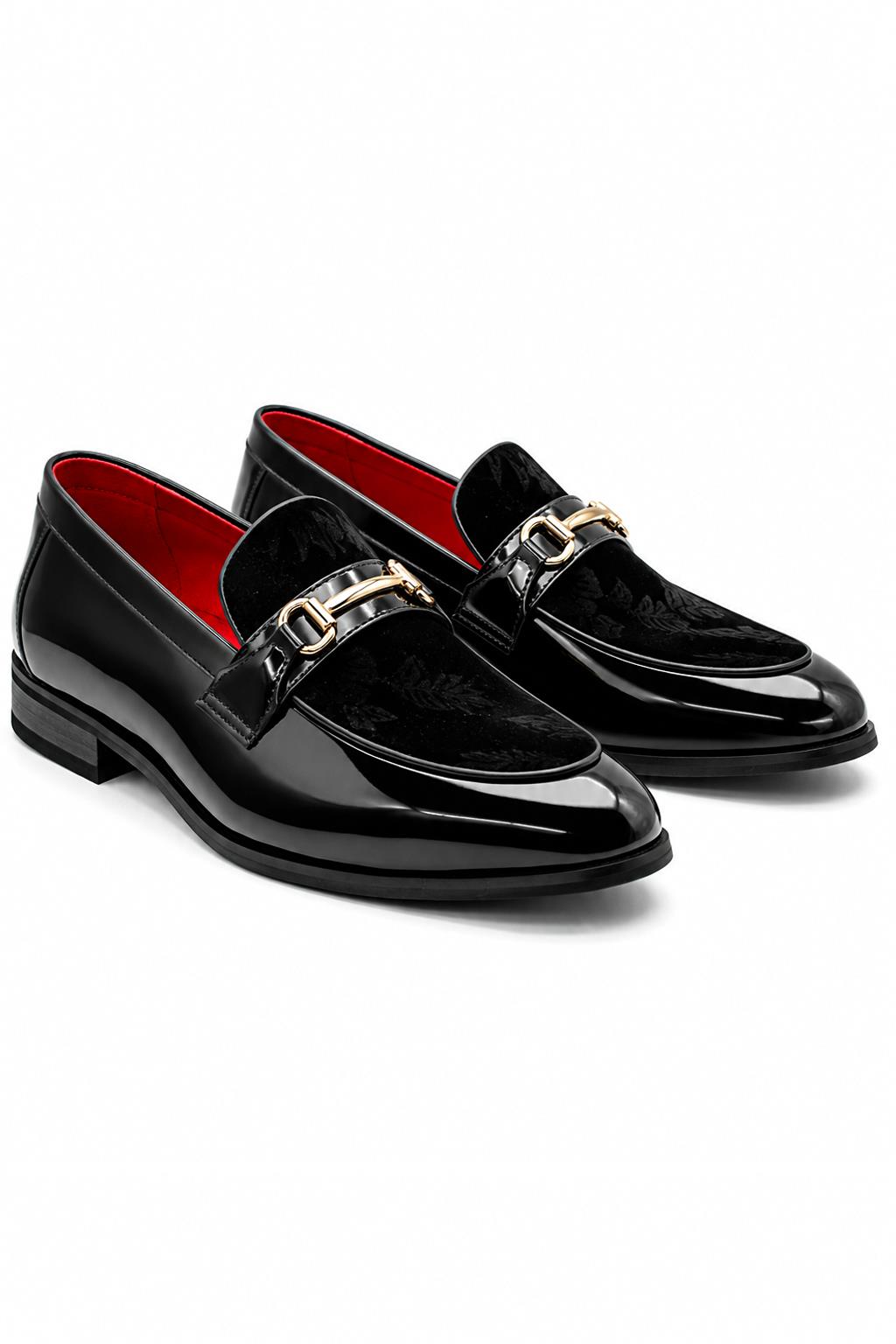 Men's Black Floral Velvet Patent Snaffle Dress Loafers Sartorial Shoes