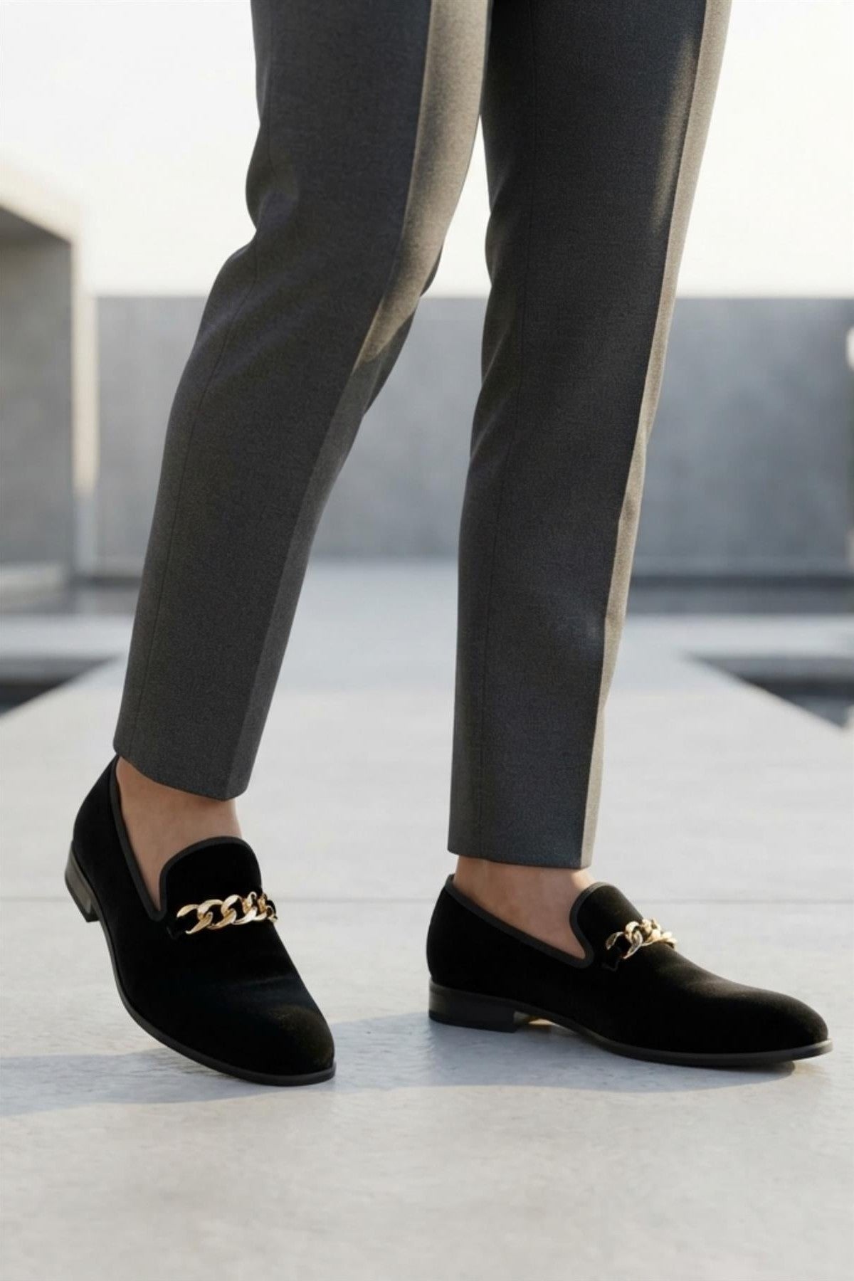 Men's Black Smooth Velvet Gold Chain Dress Loafers Sartorial Shoes