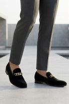 Men's Black Smooth Velvet Gold Chain Dress Loafers Sartorial Shoes