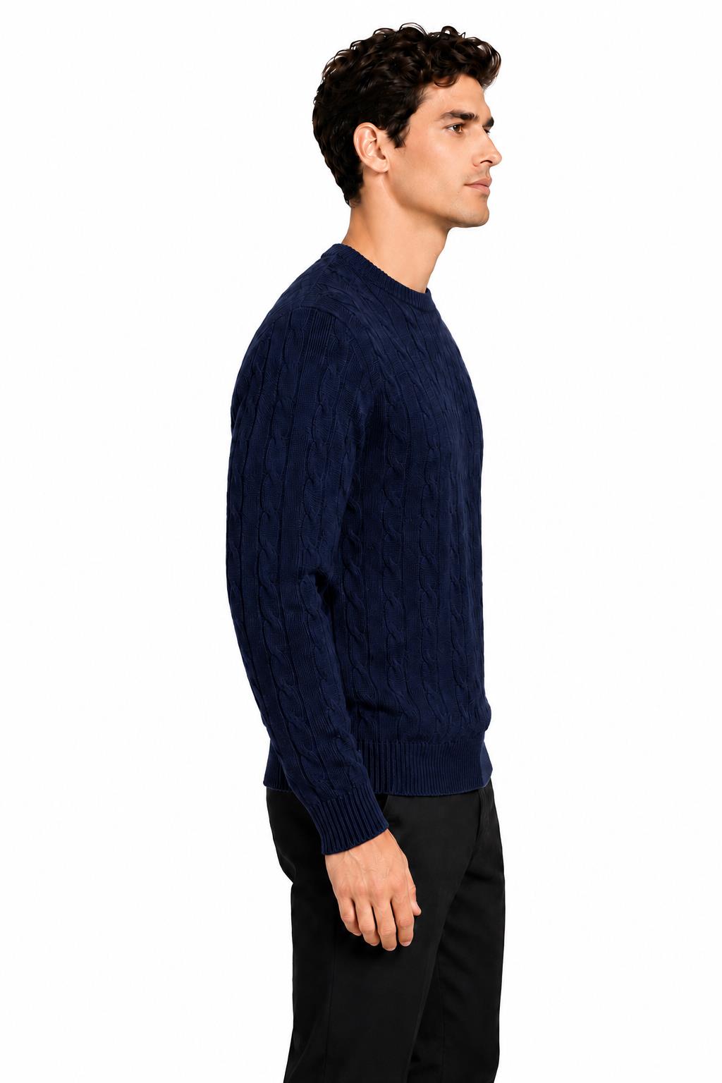 Men's Navy 100% Cotton Fine Cable Knit Crew Neck Jumper CAVANI