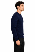 Men's Navy 100% Cotton Fine Cable Knit Crew Neck Jumper CAVANI