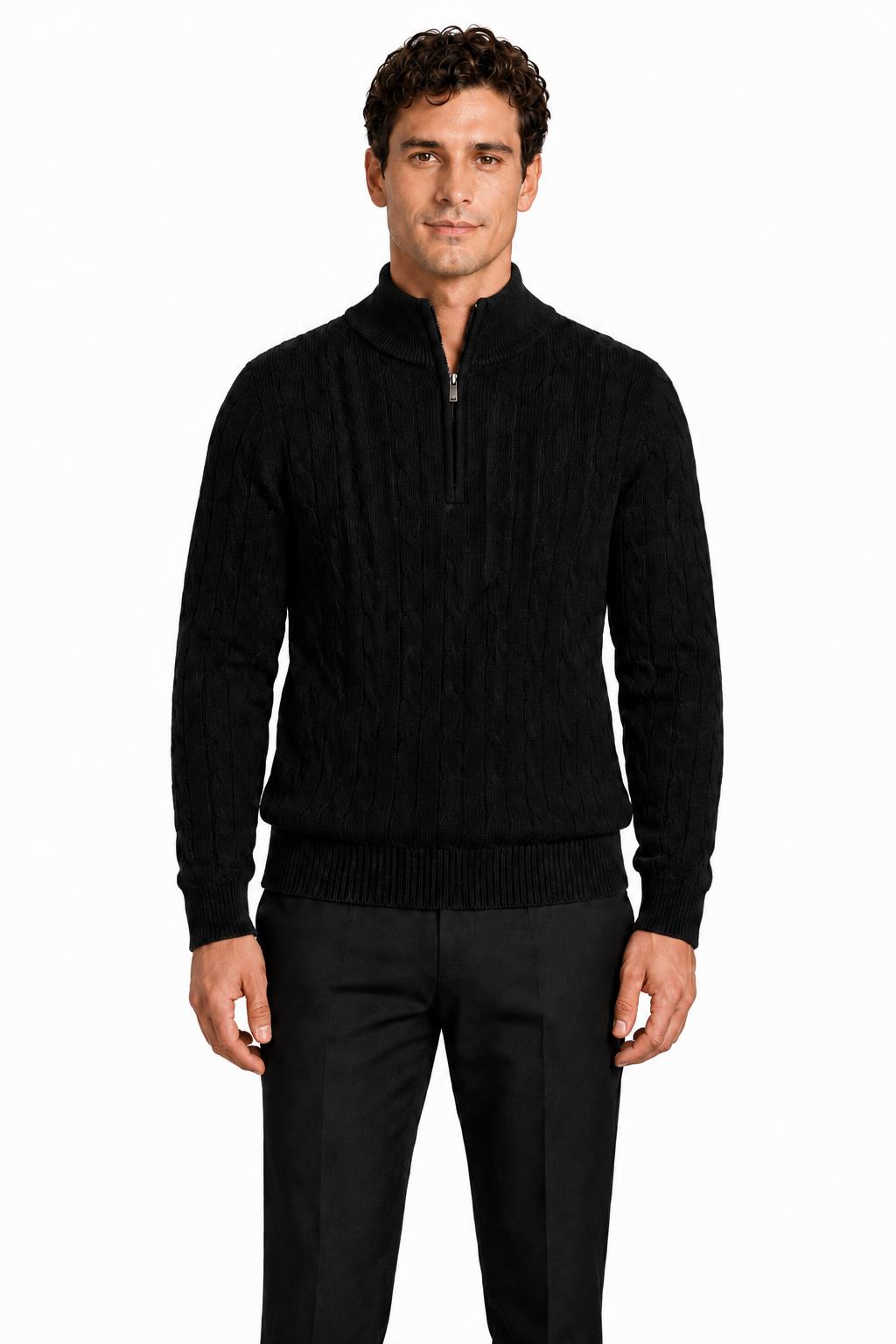 Men's Black 100% Cotton Fine Cable Knit Quarter Zip Neck Jumper CAVANI