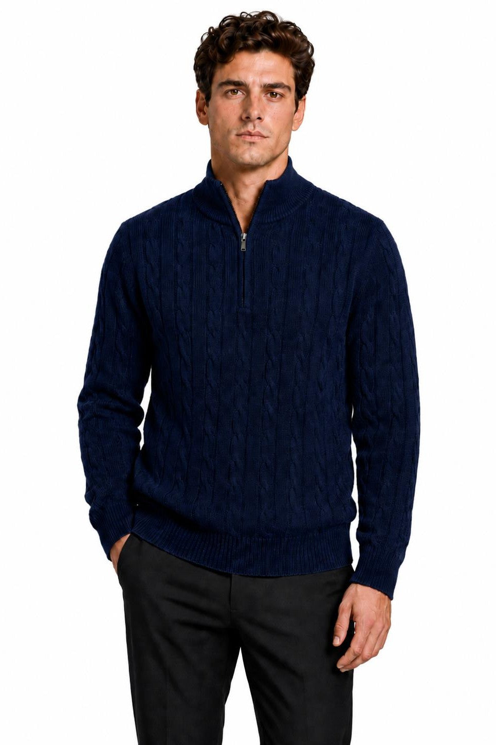 Men's Navy Blue 100% Cotton Fine Cable Knit Quarter Zip Neck Jumper CAVANI