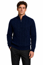 Men's Navy Blue 100% Cotton Fine Cable Knit Quarter Zip Neck Jumper CAVANI