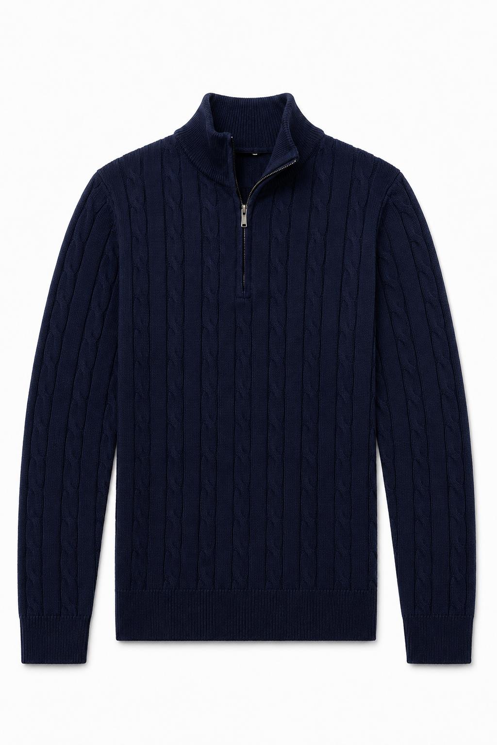 Men's Navy Blue 100% Cotton Fine Cable Knit Quarter Zip Neck Jumper CAVANI